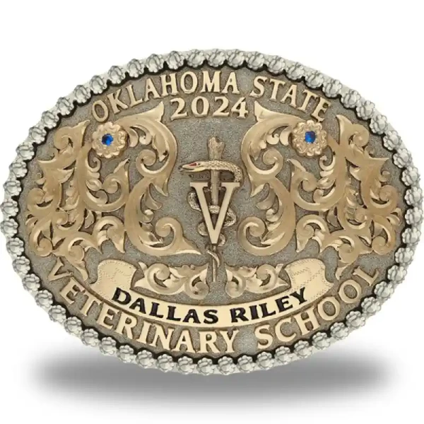An oval belt buckle for Oklahoma State 2024 Veterinary School with personalized name featuring a custom logo 